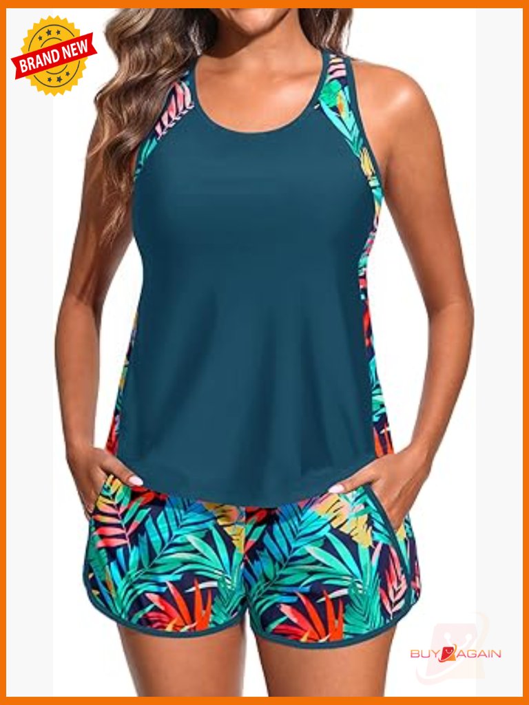 Tankini Swimsuit With Shorts - Two Piece Tummy Control Bathing Suit With Pockets